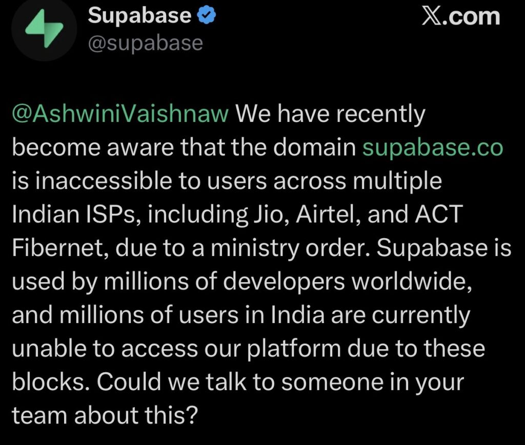 Supabase - ashwini vaishnaw Tweet